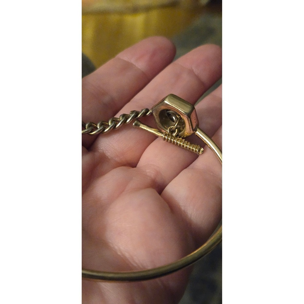 Bolt Nut Bracelet Toggle Clasp Cuff Bracelet Goldtone Industrial Brutalist Goth - Picture 4 of 4